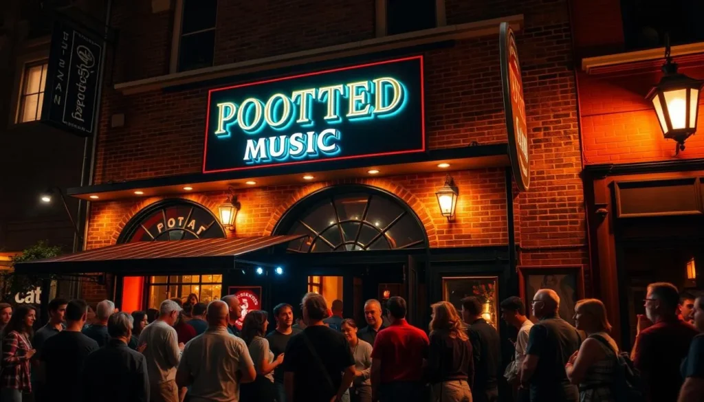 Image of The Spotted Cat Music Club's exterior with a crowd waiting outside