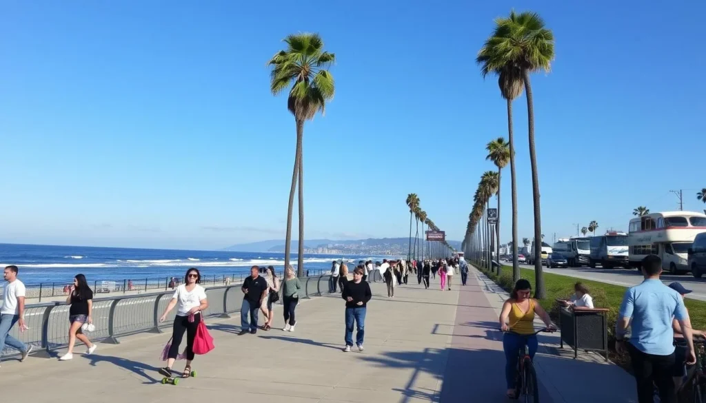 Image of The Strand in Hermosa Beach with people walking, biking, and skating