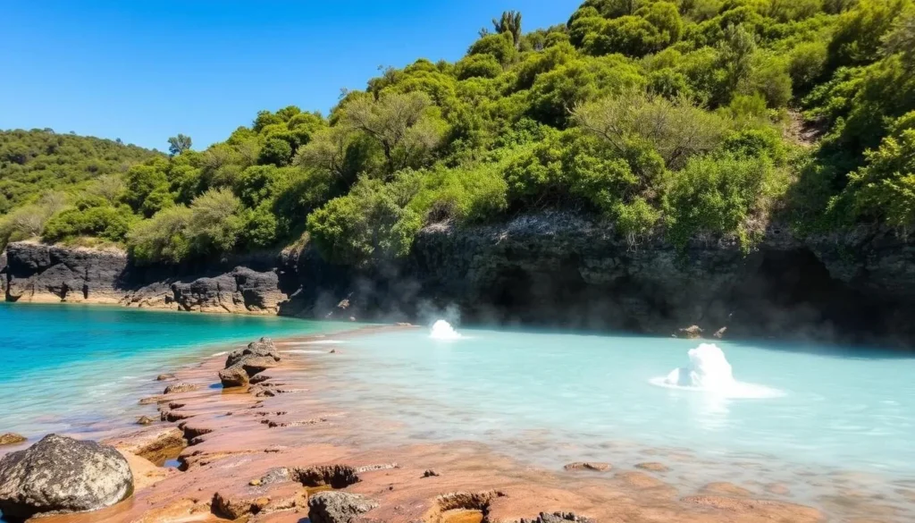 Image of Therma Hot Springs on Kos Island with thermal waters bubbling up through the rocky shore.