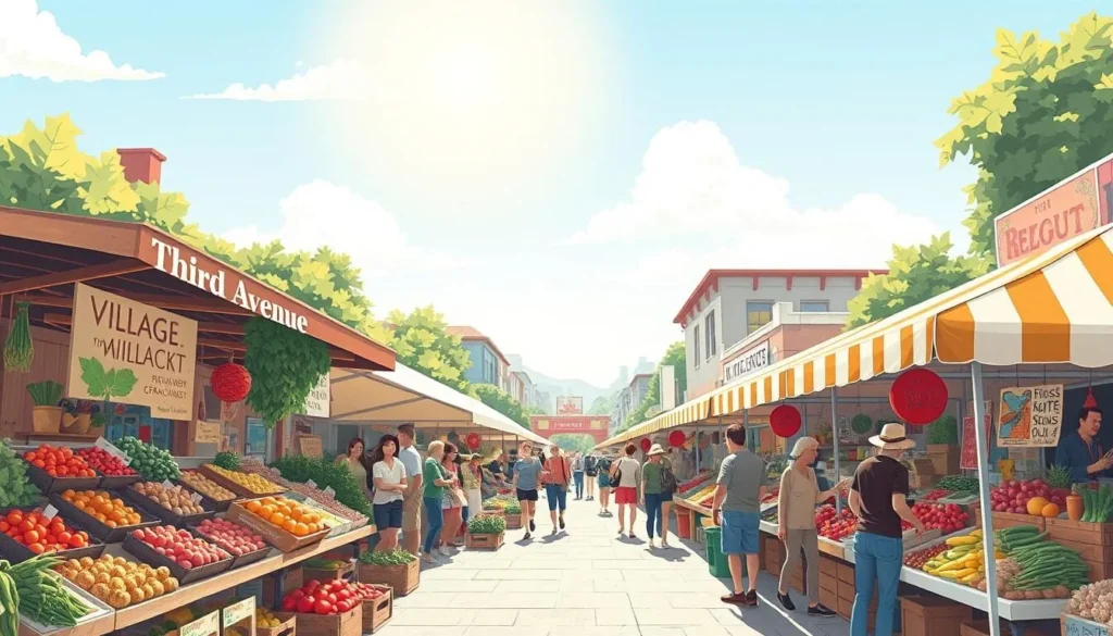 Image of Third Avenue Village Market on a sunny day with vibrant produce and bustling activity