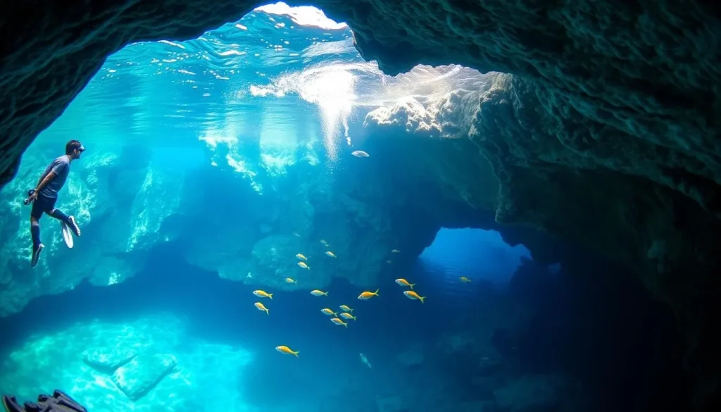 Image of Thunderball Grotto underwater cave system with crystal-clear water and marine life. Image of Thunderball Grotto underwater cave system with crystal-clear water and marine life.