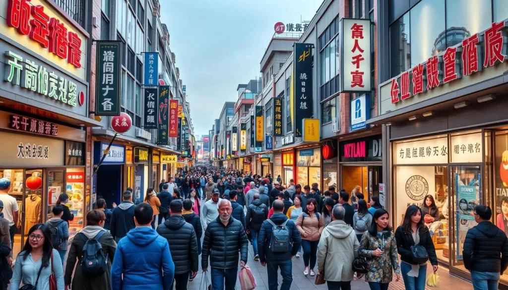 Image of Tianjin Street Pedestrian Mall in Dalian, China, showcasing its bustling walkways and mix of local and international brands.