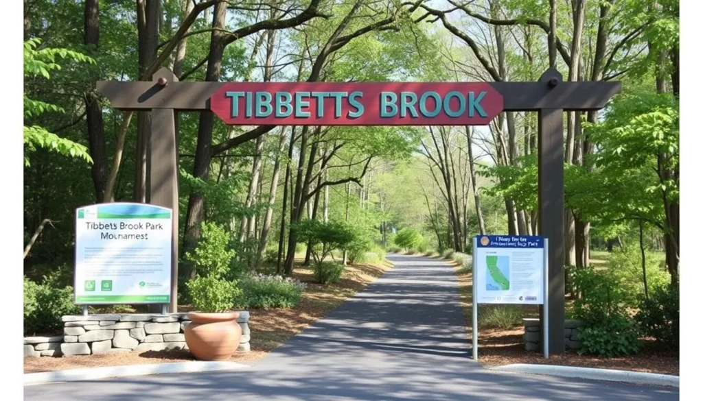 Image of Tibbetts Brook Park's main entrance, welcoming visitors to the park.