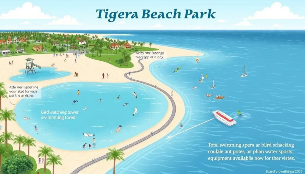Image of Tigertail Beach Park with its unique lagoon and ocean swimming areas, bird-watching tower, and various water sports equipment rentals.