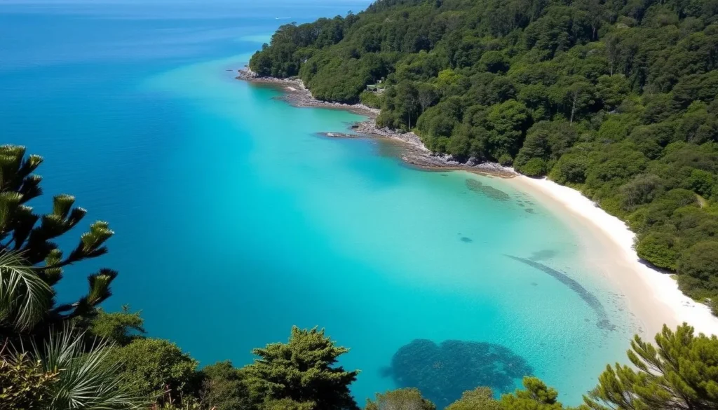 Image of Titirangi Bay with a pristine crescent-shaped beach