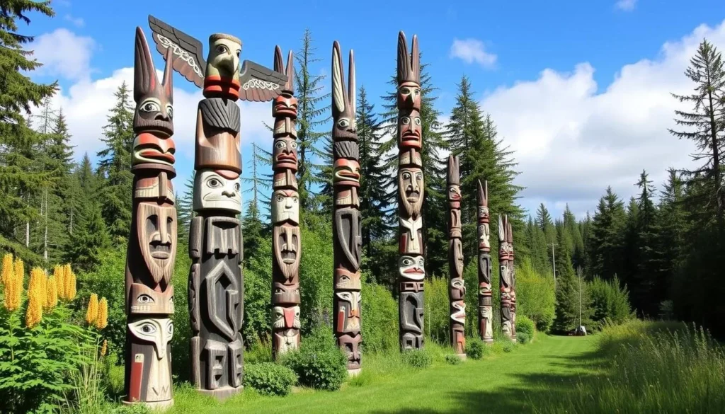 Image of Totem Bight State Park with beautifully restored totem poles