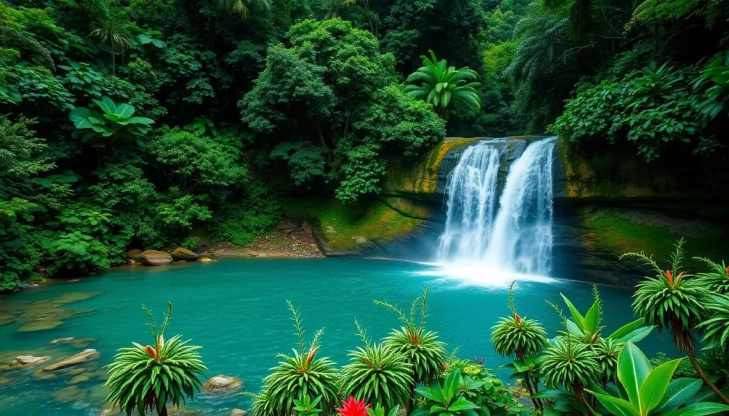 Image of Trafalgar Falls with twin waterfalls and lush rainforest surroundings