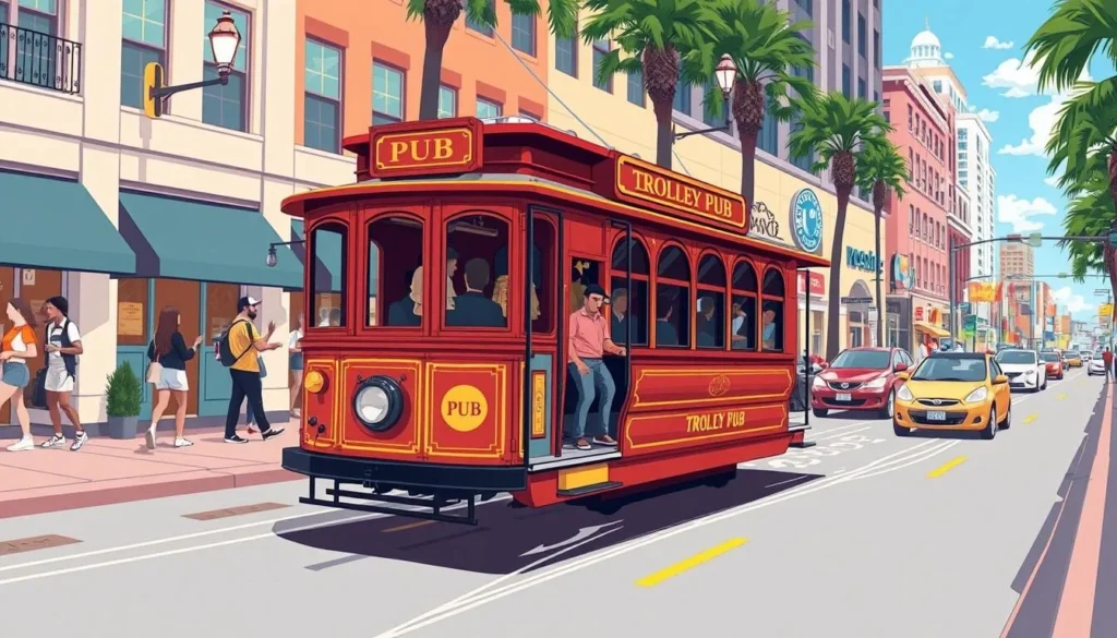 Image of Trolley Pub in action, pedaling through downtown St. Pete
