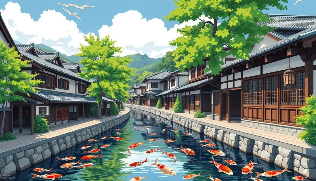 Image of Tsuwano's main street with traditional samurai houses and koi-filled canal