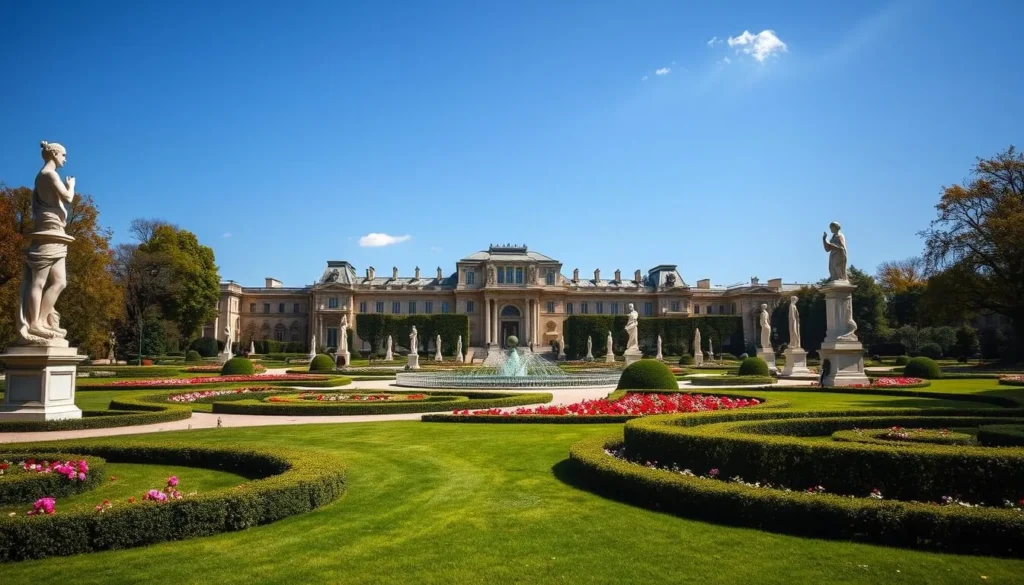 Image of Tuileries Garden with sculptures and manicured lawns