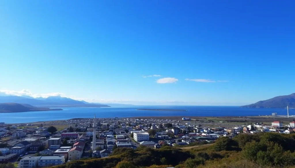 Image of Ushuaia cityscape with the Beagle Channel in the background