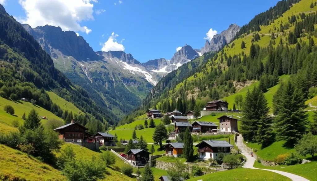 Image of Valbona Valley's lush landscape with traditional mountain houses