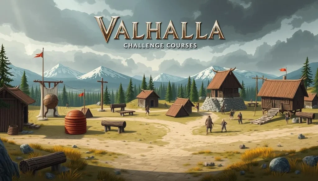 Image of Valhalla's Viking-themed challenge courses, including obstacles and activities.