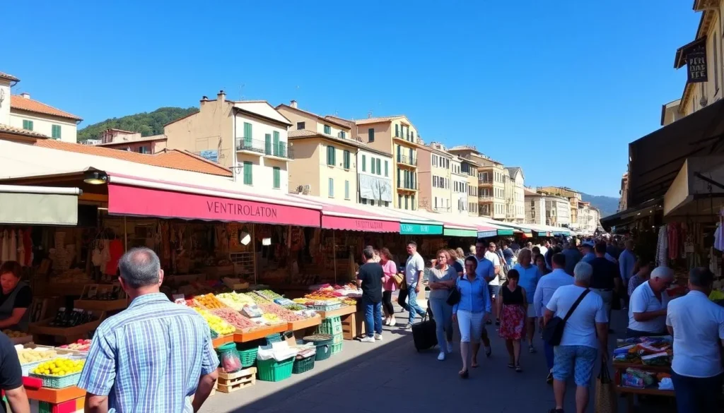Image of Ventimiglia's Friday market with Italian goods