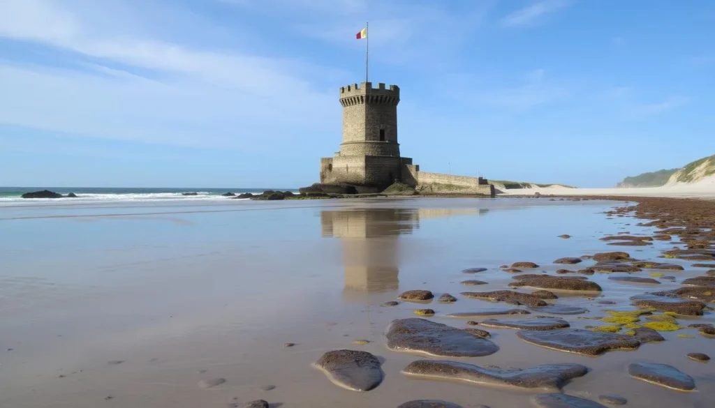 Image of Victoria Beach with the Pirate Tower at low tide