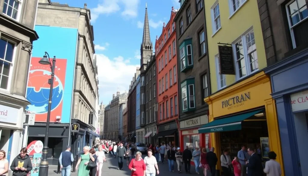 Image of Victoria Street, Edinburgh, with its colorful buildings and lively atmosphere