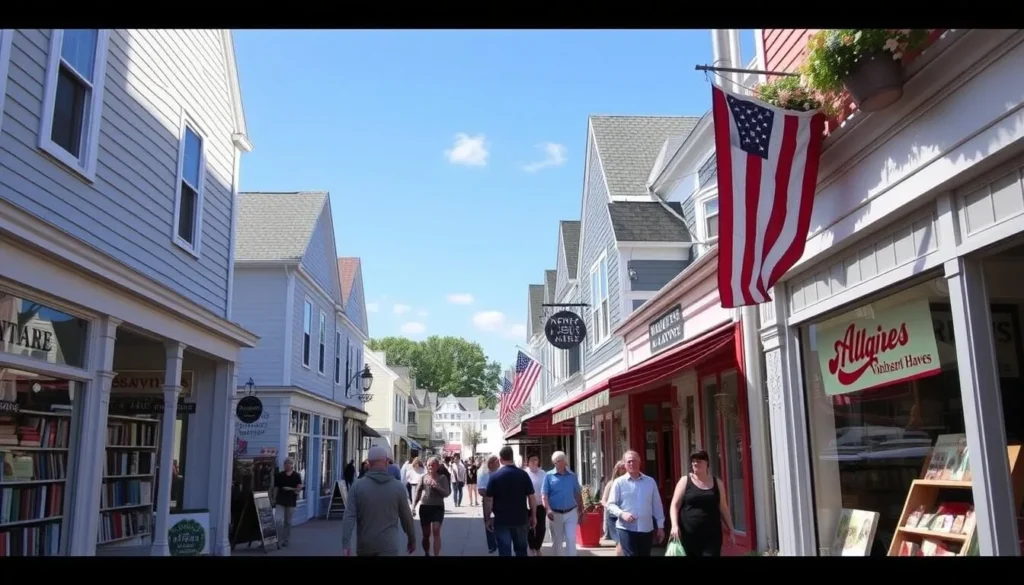 Image of Vineyard Haven's Main Street with bookstores and gift shops