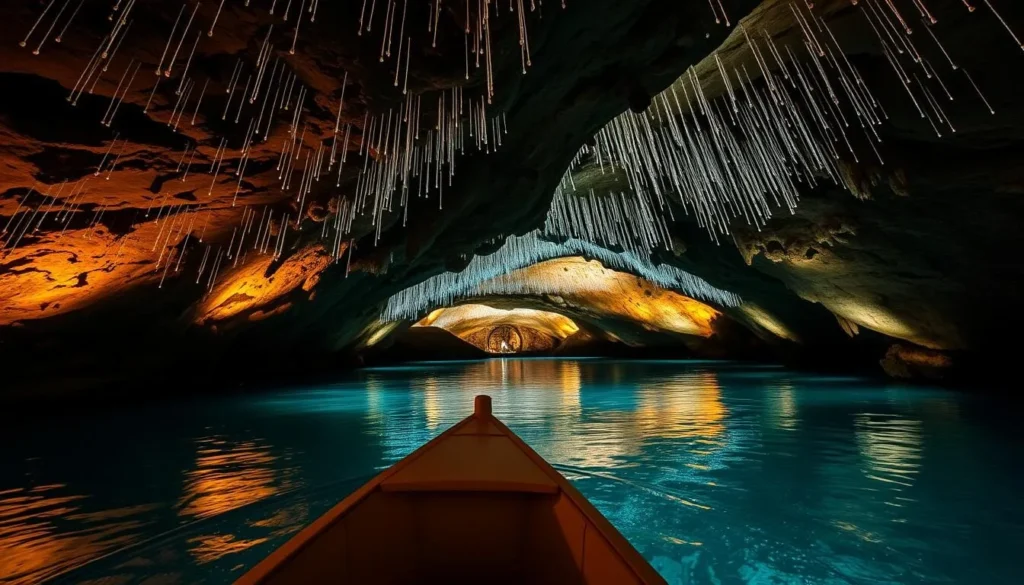 Image of Waitomo Glowworm Caves with a boat ride and glowworms lighting up the ceiling