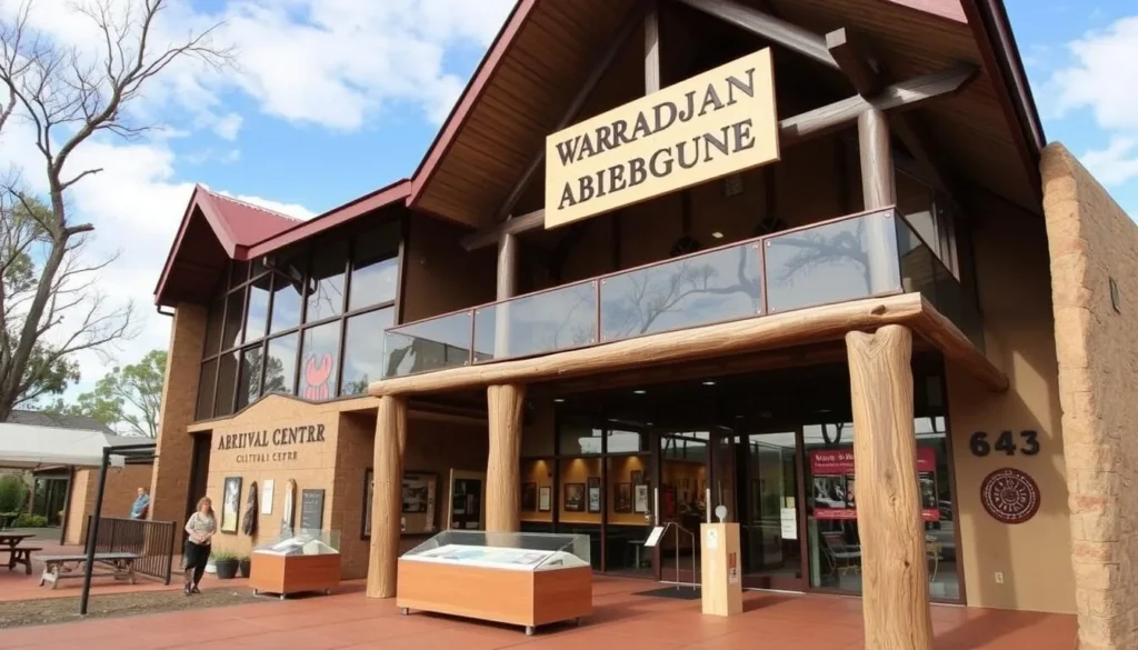 Image of Warradjan Aboriginal Cultural Centre building with exhibits