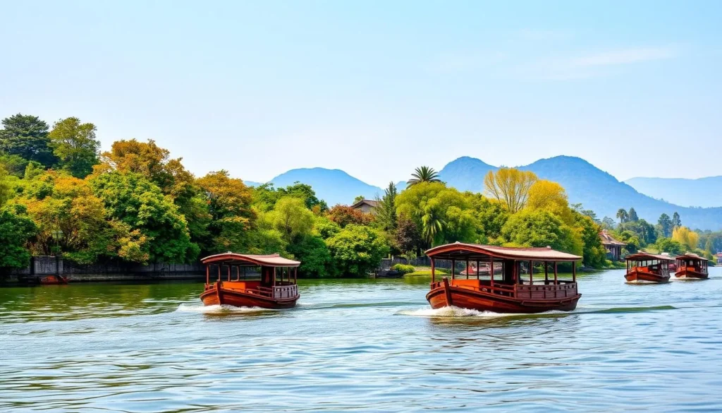 Image of West Lake in Hangzhou, China, with traditional boats and lush greenery