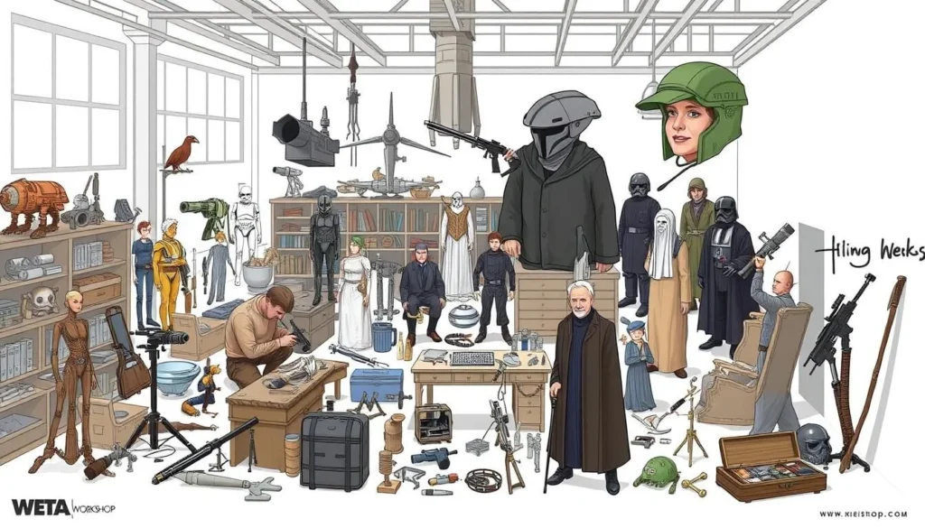 Image of Weta Workshop's design studio with props and costumes from various films