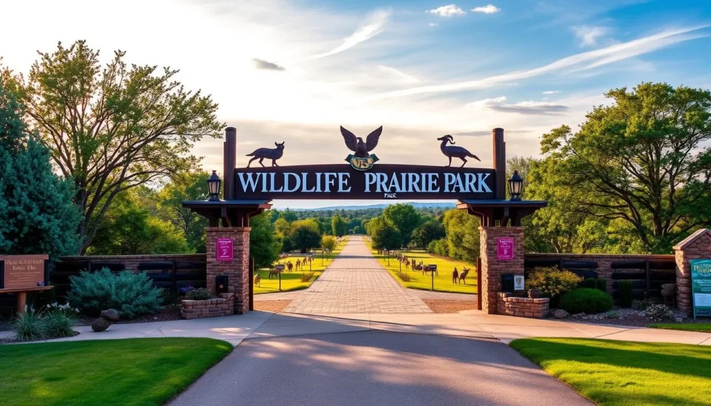 Image of Wildlife Prairie Park's main entrance or a scenic view within the park