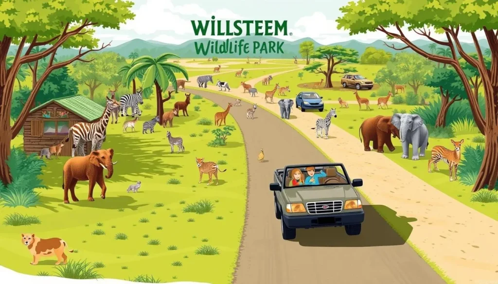 Image of Wilstem Wildlife Park's drive-through safari with various animals