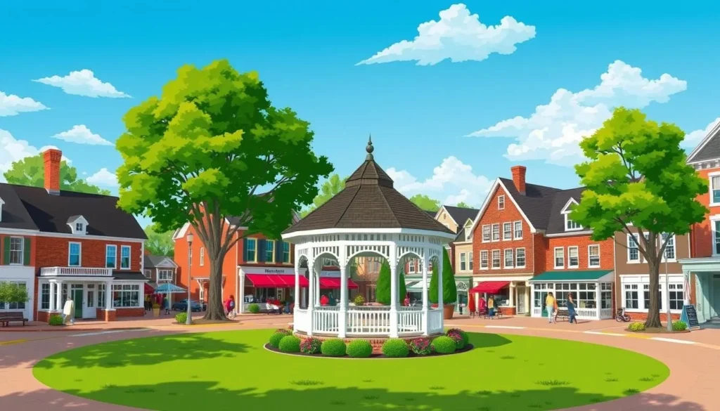 Image of Woodstock village green with the town's iconic gazebo and surrounding historic buildings.
