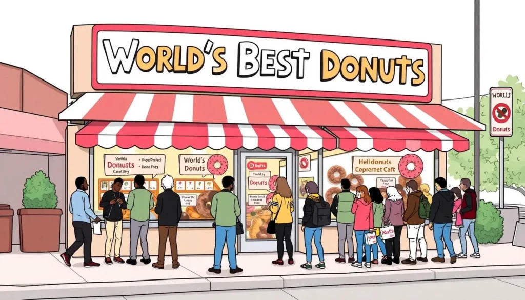 Image of World's Best Donuts storefront with a queue of customers outside.