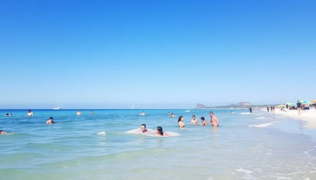 Image of Xanadu Beach with families enjoying the shallow waters
