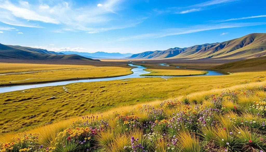 Image of Xilingol Grassland Nature Reserve with vast grasslands and a meandering river