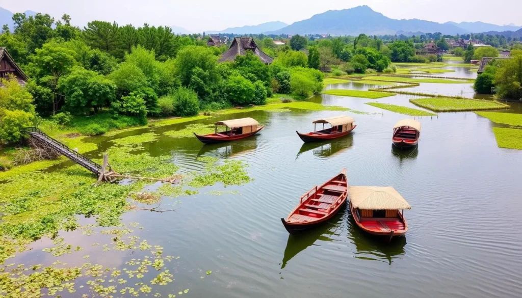 Image of Xixi National Wetland Park with traditional wooden boats