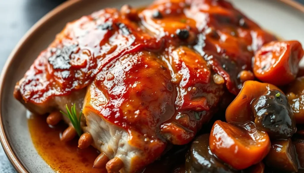 Image of Yellow Pot's signature roast duck with crisp skin and silky braised sweet and sour eggplant.