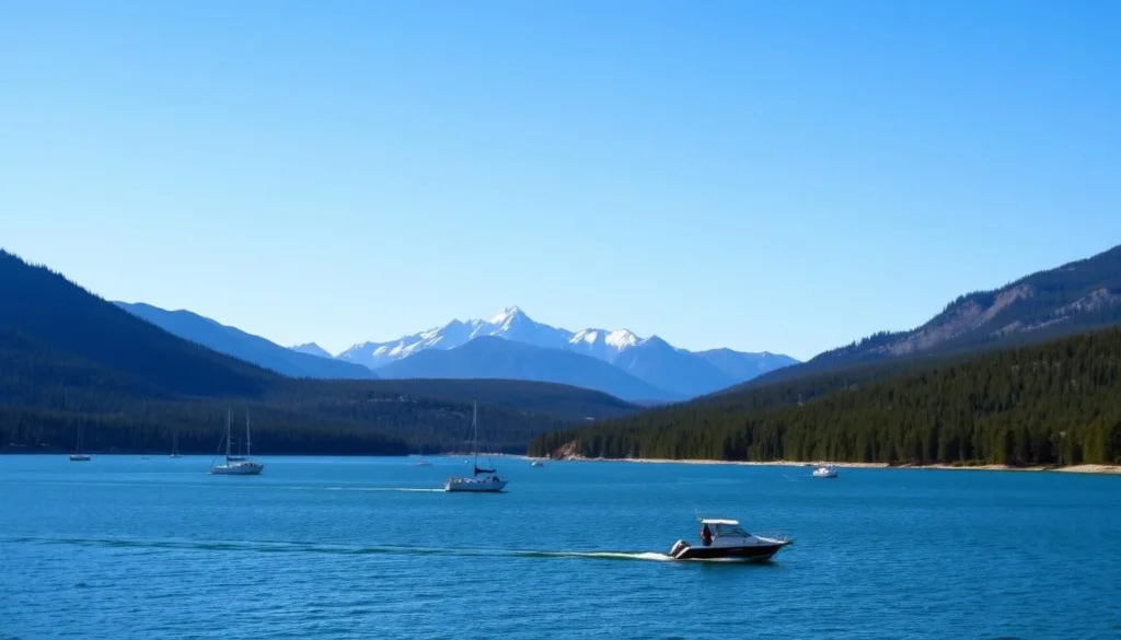 Image of Yellowstone Lake with boats and surrounding mountains