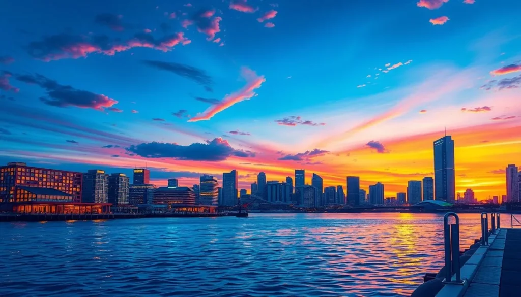 Image of Yokohama's Minato Mirai waterfront area at sunset