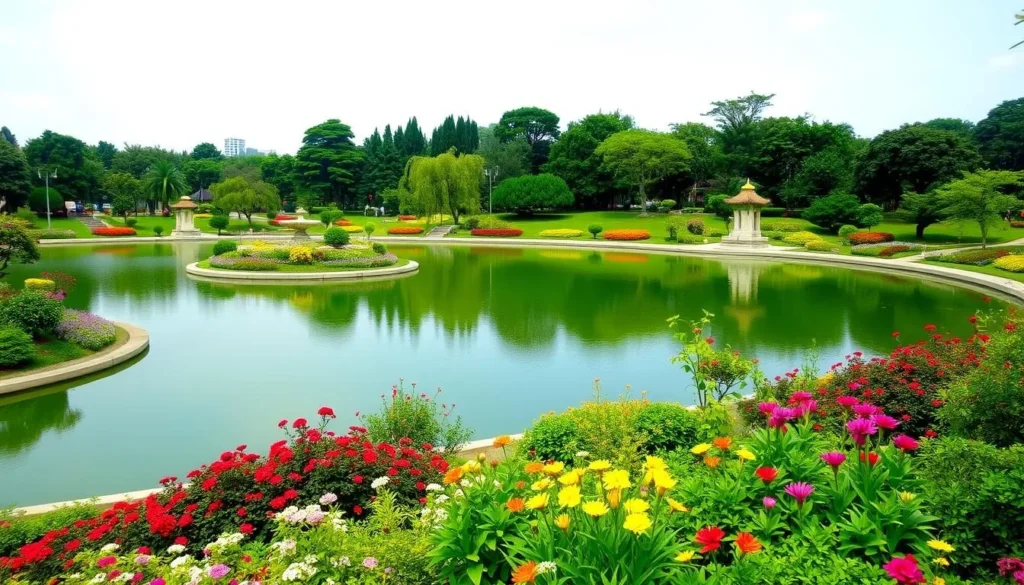 Image of Yuehai Park with a lake and landscaped gardens