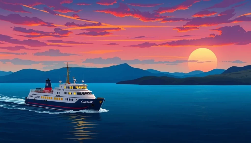 Image of a Calmac ferry sailing towards the Isle of Mull