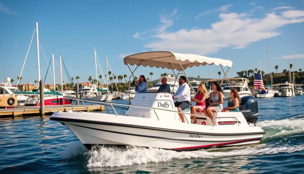 Image of a Duffy boat cruising in Newport Beach harbor with people enjoying the view