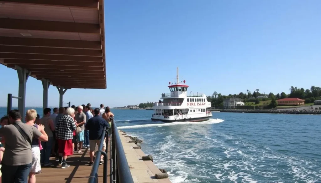 Image of a Fire Island ferry approaching the dock