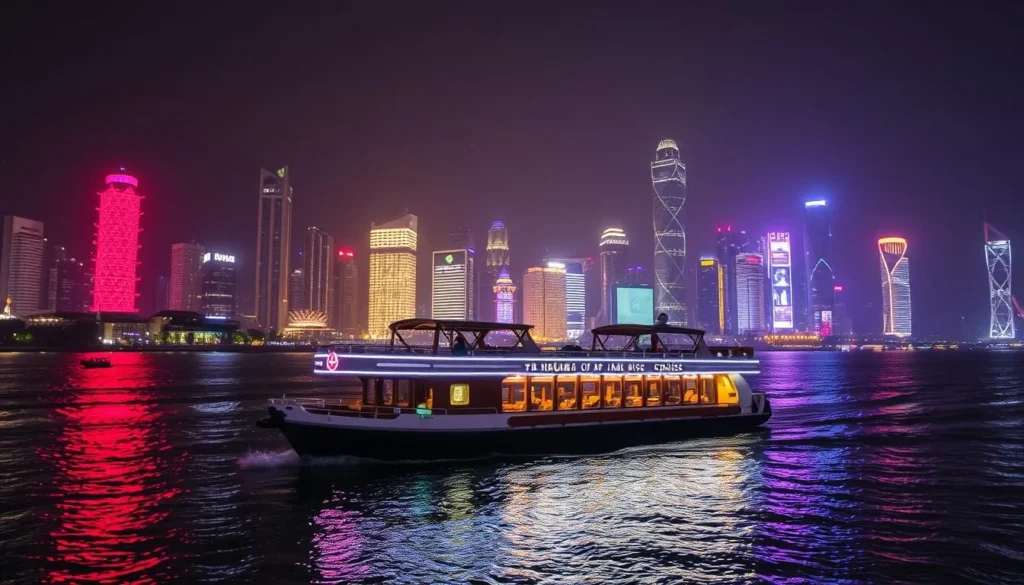 Image of a Huangpu River Cruise boat at night with city lights reflecting on the water