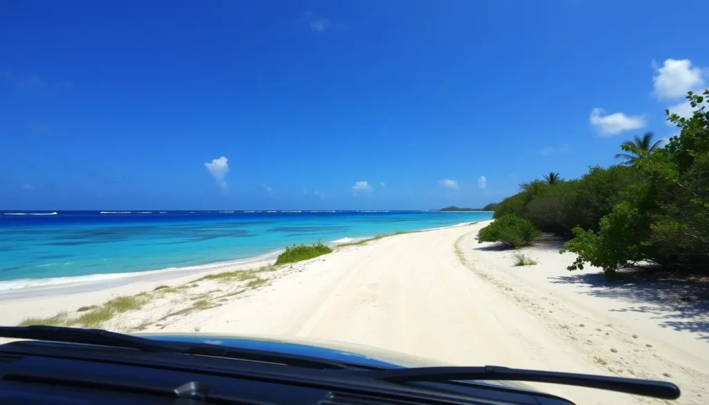 Image of a Jeep driving on a beach road on Vieques Island