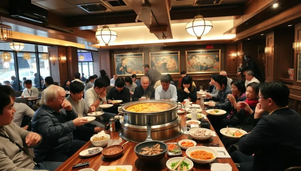 Image of a Korean BBQ restaurant with a grill in the center of the table
