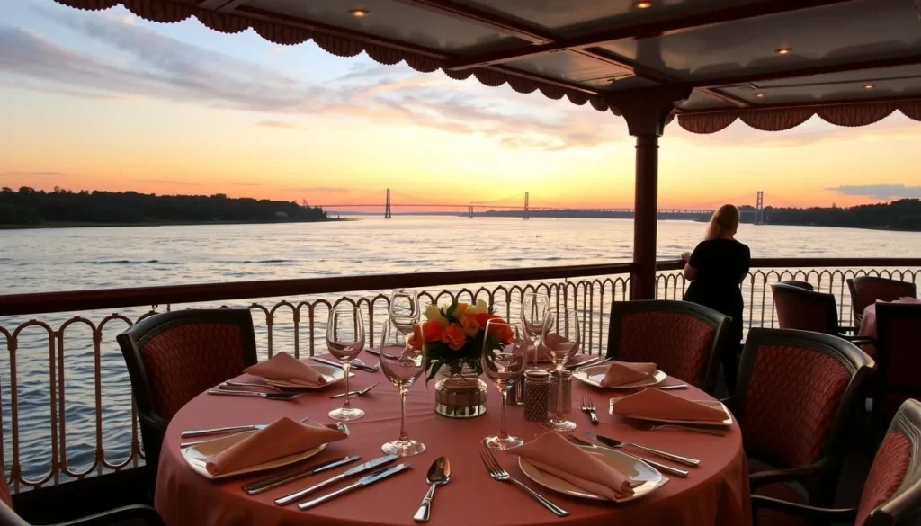 Image of a Mississippi River dinner cruise with a beautifully set table and a stunning river view