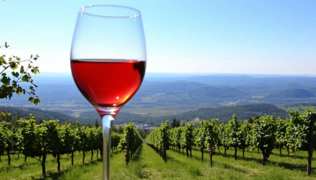 Image of a Niagara Wine Trail vineyard with a glass of wine