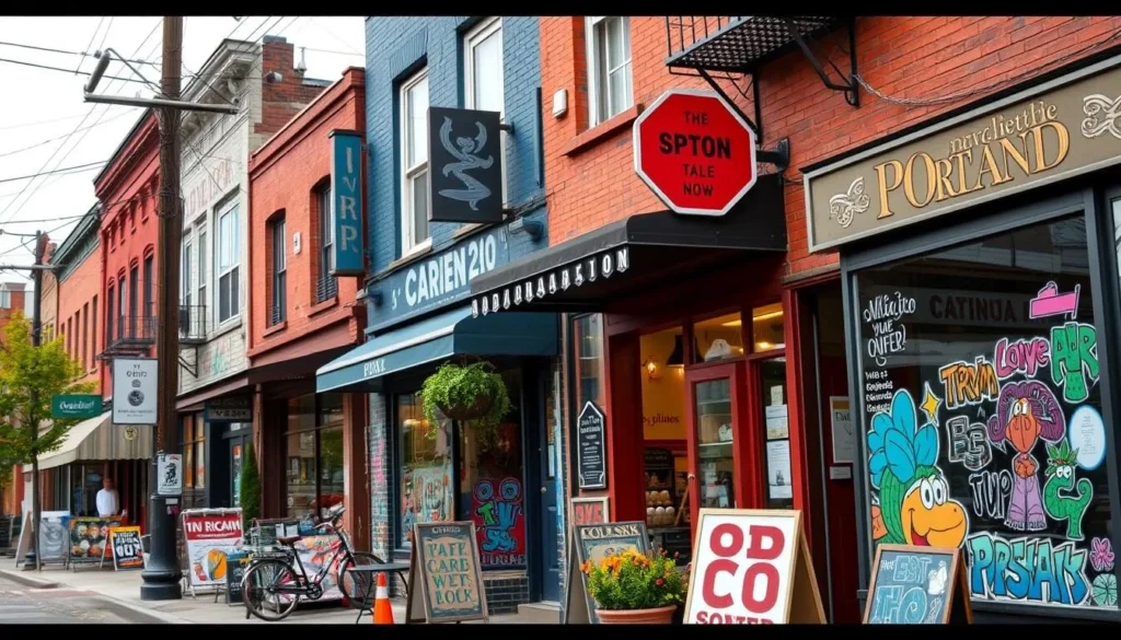 Image of a Portland neighborhood with vibrant street art and eclectic shops