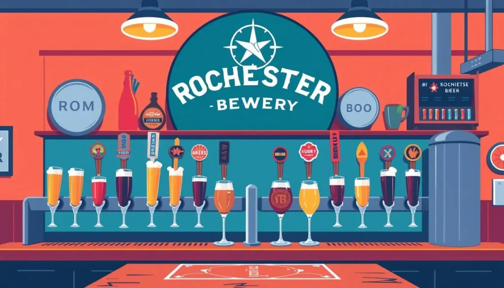 Image of a Rochester brewery with a variety of beers on tap