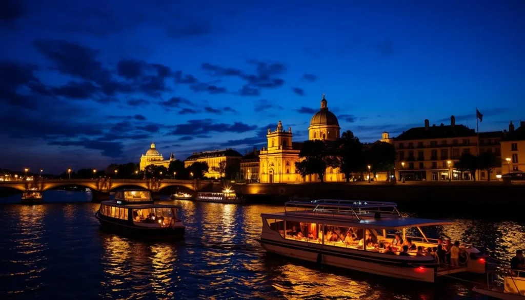 Image of a Seine dinner cruise at night with illuminated monuments