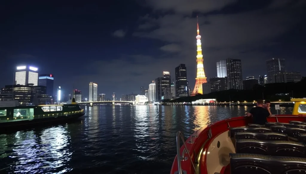 Image of a Sumida River Cruise at night with Tokyo's skyline