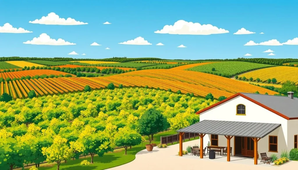Image of a Texas Hill Country winery with lush vineyards and a tasting room.