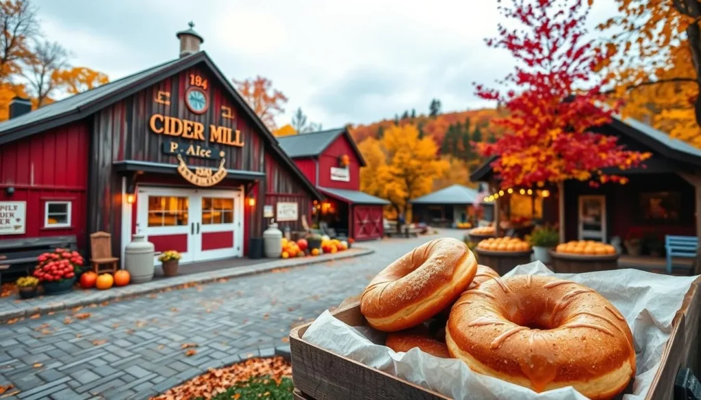 Image of a Vermont cider mill with fresh apple cider and donuts.